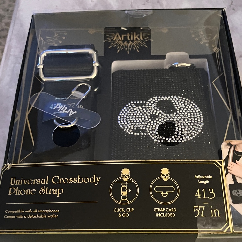 Black Crystal Skull Crossbody Phone Strap with Detachable Wallet